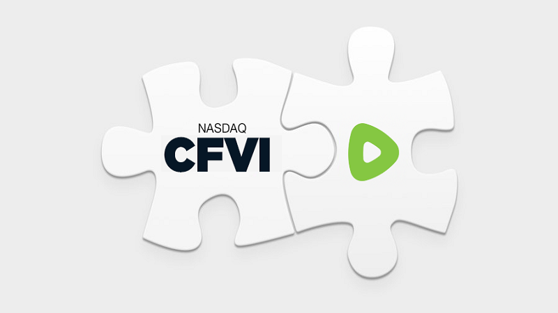 NASDAQ CFVI logo and Rumble logo in the shape of puzzle pieces beside each other