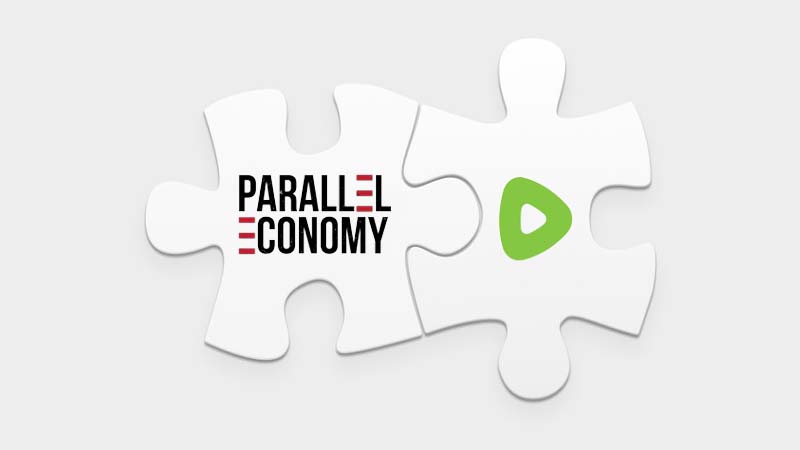 Parallel Economy logo and Rumble logo in the shape of puzzle pieces beside each other