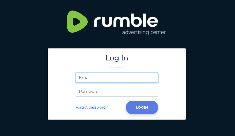 Rumble Advertising Centre login screen