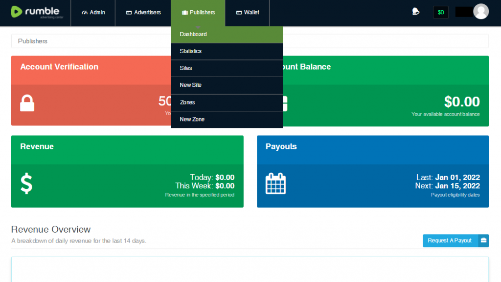 Rumble Advertising Centre dashboard screen